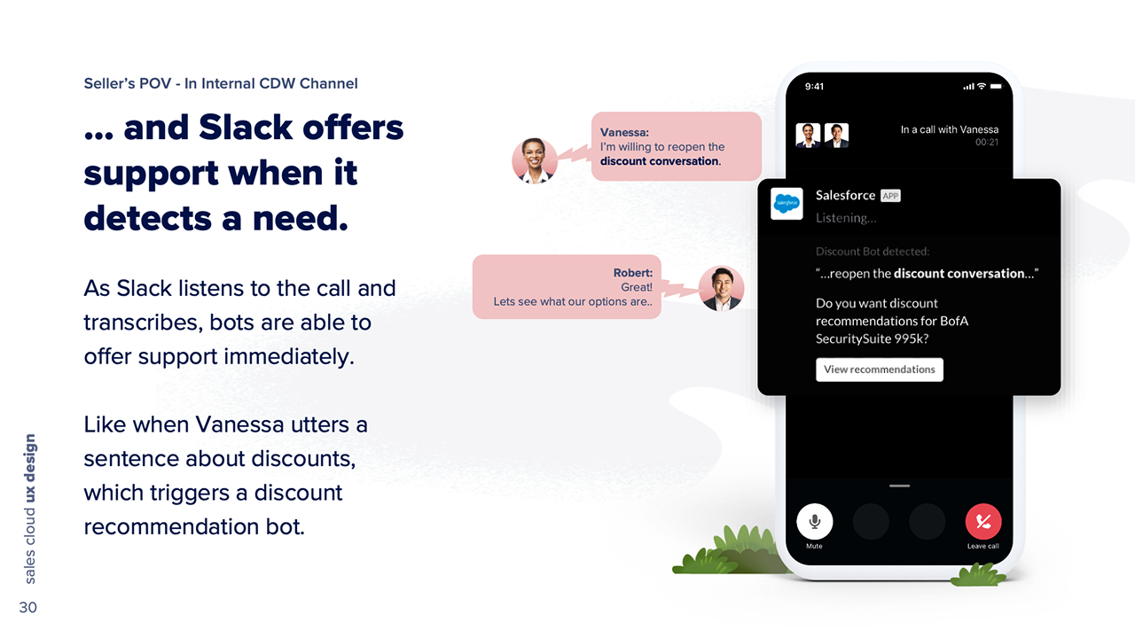 The manager says she is willing to reopen the discount conversation, and that phrase in the live transcript triggers a discount bot offering recommendations.